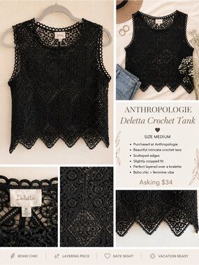 Anthropologie Black Crochet Lace Top